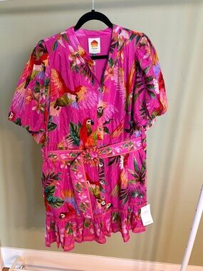 FARM Rio Hot Pink Tropical Floral Belted Dress Colorful Macaw NWT